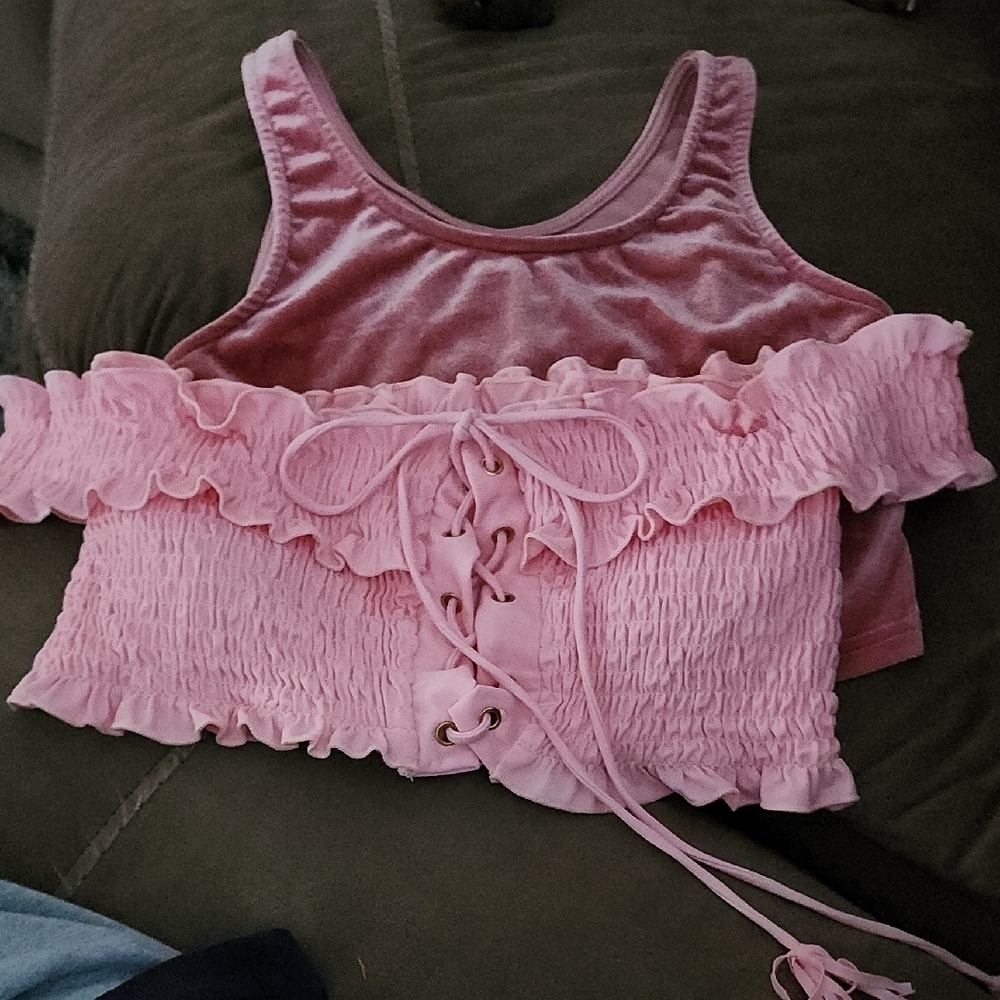 BUNDLE 2 Pink tops! Ruffled Lace-Up Crop Top And Satin Type Other